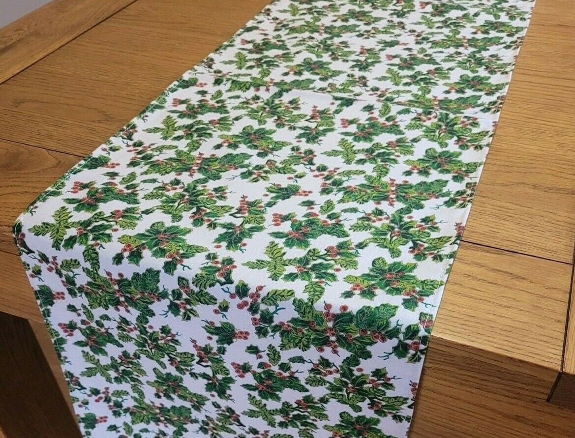 Christmas Table Runner All Over Holly Red Green Cream Design , Christmas Napkins 36" 48" 54" 60" 64" 72" 84" 96" 104" Handmade - CushionCoverAndDecor