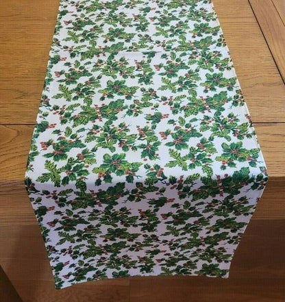 Christmas Table Runner All Over Holly Red Green Cream Design , Christmas Napkins 36" 48" 54" 60" 64" 72" 84" 96" 104" Handmade - CushionCoverAndDecor