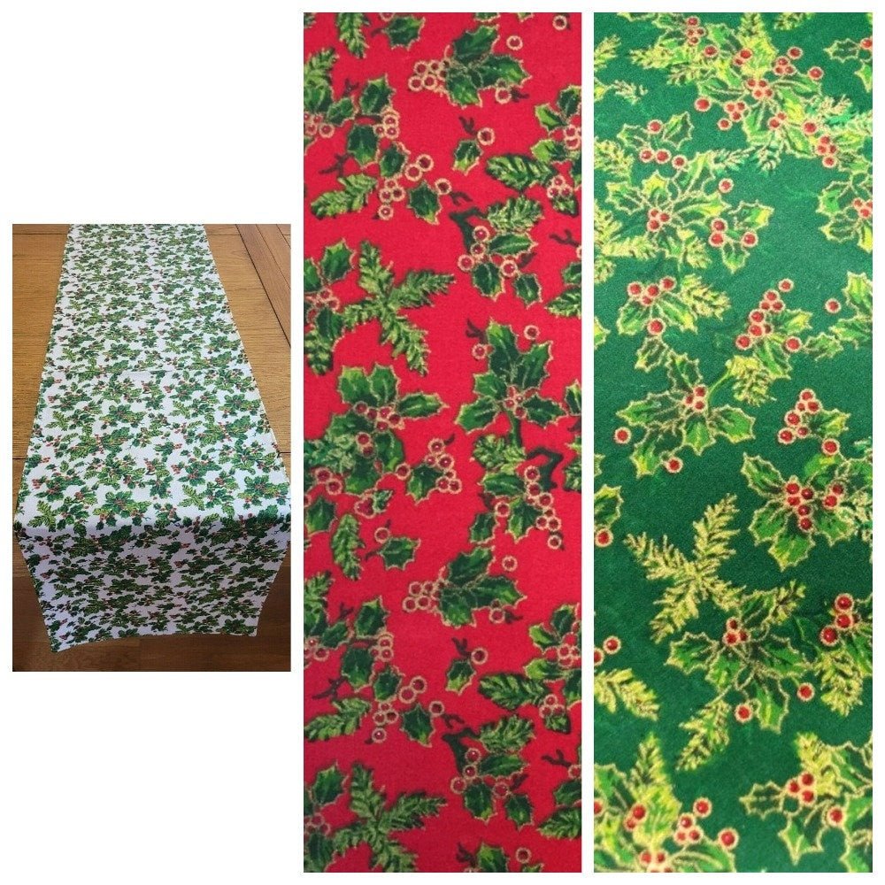 Christmas Table Runner All Over Holly Red Green Cream Design , Christmas Napkins 36" 48" 54" 60" 64" 72" 84" 96" 104" Handmade - CushionCoverAndDecor