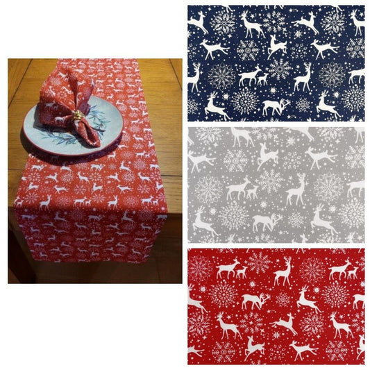 Christmas Table Runner Reindeer , Christmas Napkin Red , Blue , Grey 36" 48" 54" 60" 64" 72" 84" 96" 104" Handmade - CushionCoverAndDecor