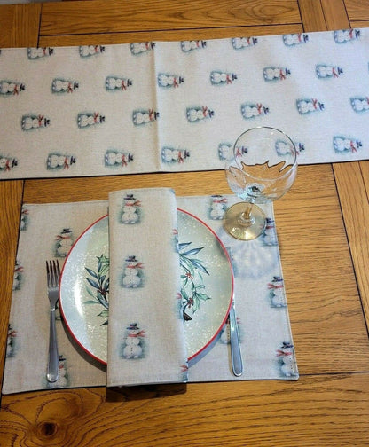 Christmas Table Runner Snowman , Christmas Snowman Napkins , Snowman Placemat Linen Look Natural Beige 36" 48" 54" 60" 64" 72" 84" 96" 104" - CushionCoverAndDecor