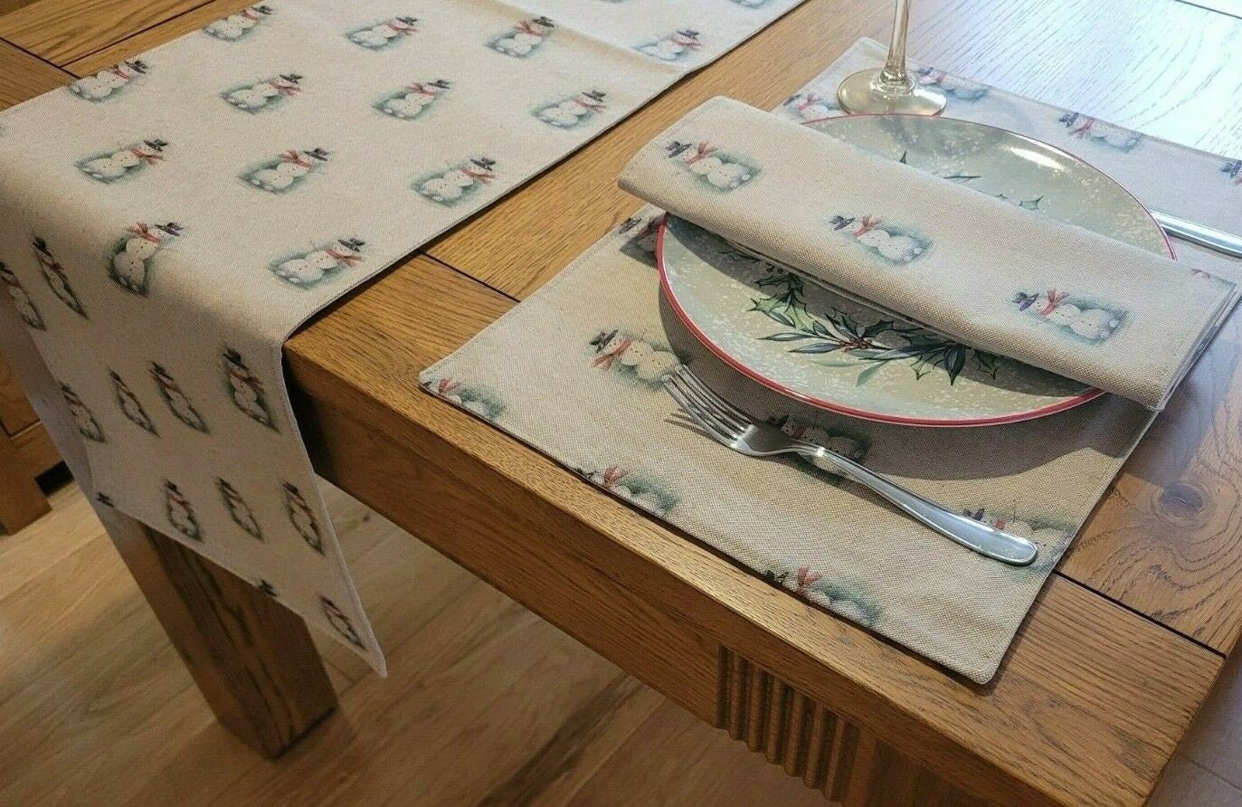 Christmas Table Runner Snowman , Christmas Snowman Napkins , Snowman Placemat Linen Look Natural Beige 36" 48" 54" 60" 64" 72" 84" 96" 104" - CushionCoverAndDecor