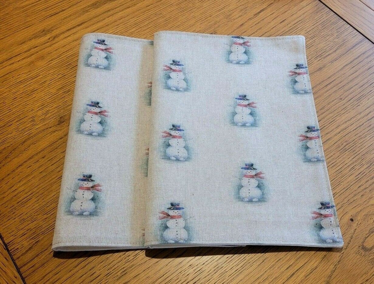 Christmas Table Runner Snowman , Christmas Snowman Napkins , Snowman Placemat Linen Look Natural Beige 36" 48" 54" 60" 64" 72" 84" 96" 104" - CushionCoverAndDecor