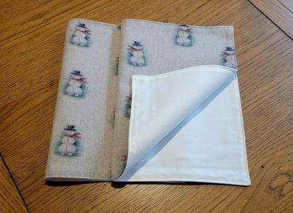 Christmas Table Runner Snowman , Christmas Snowman Napkins , Snowman Placemat Linen Look Natural Beige 36" 48" 54" 60" 64" 72" 84" 96" 104" - CushionCoverAndDecor