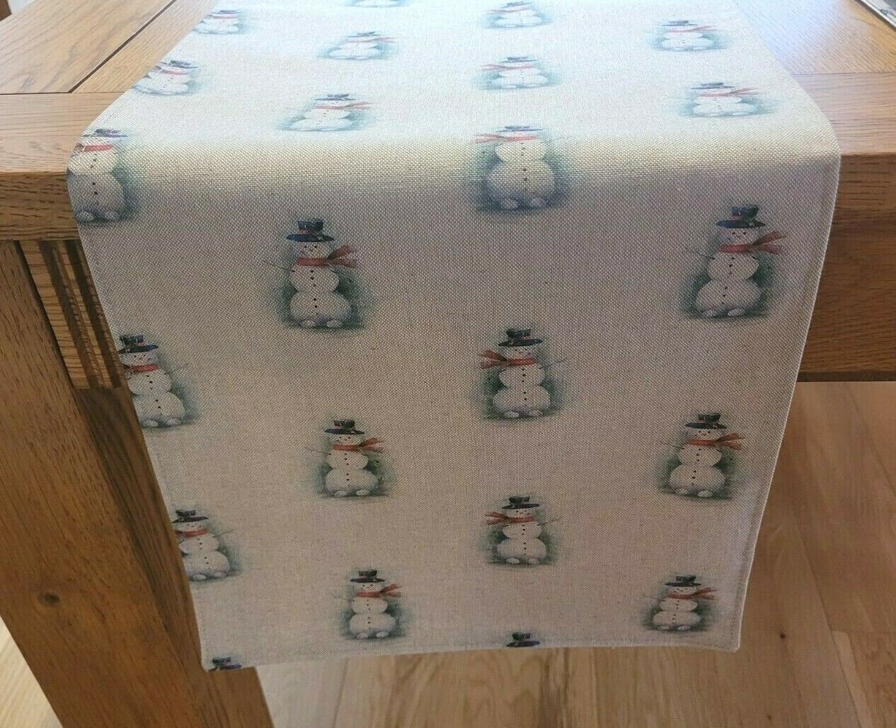 Christmas Table Runner Snowman , Christmas Snowman Napkins , Snowman Placemat Linen Look Natural Beige 36" 48" 54" 60" 64" 72" 84" 96" 104" - CushionCoverAndDecor