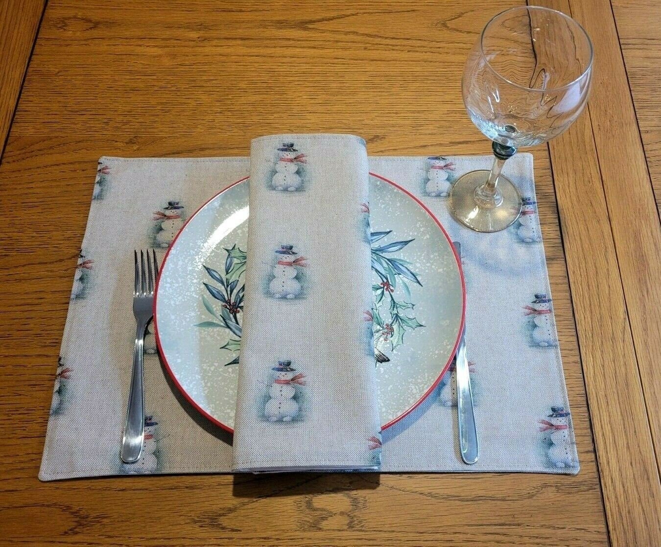 Christmas Table Runner Snowman , Christmas Snowman Napkins , Snowman Placemat Linen Look Natural Beige 36" 48" 54" 60" 64" 72" 84" 96" 104" - CushionCoverAndDecor