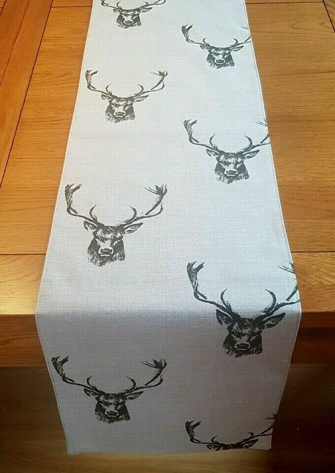 Christmas Table Runner Stags Head Rustic Taupe Background Design 36" 48" 54" 60" 64" 72" 84" 96" 104" Fryetts Handmade 100% Cotton - CushionCoverAndDecor