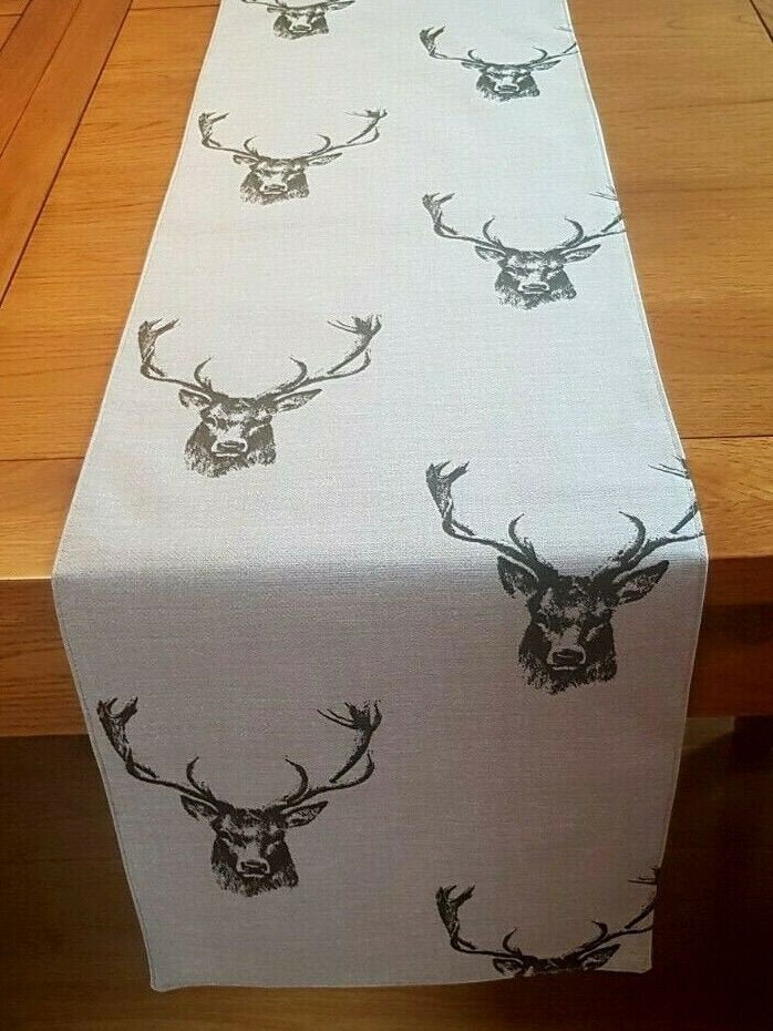 Christmas Table Runner Stags Head Rustic Taupe Background Design 36" 48" 54" 60" 64" 72" 84" 96" 104" Fryetts Handmade 100% Cotton - CushionCoverAndDecor