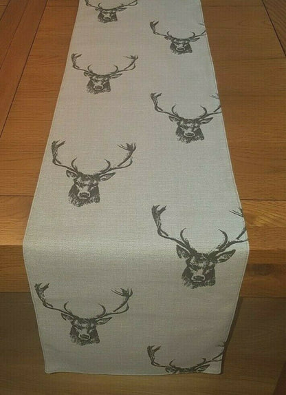 Christmas Table Runner Stags Head Rustic Taupe Background Design 36" 48" 54" 60" 64" 72" 84" 96" 104" Fryetts Handmade 100% Cotton - CushionCoverAndDecor