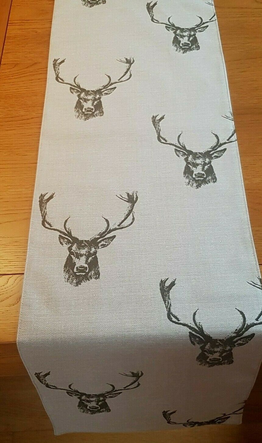 Christmas Table Runner Stags Head Rustic Taupe Background Design 36" 48" 54" 60" 64" 72" 84" 96" 104" Fryetts Handmade 100% Cotton - CushionCoverAndDecor