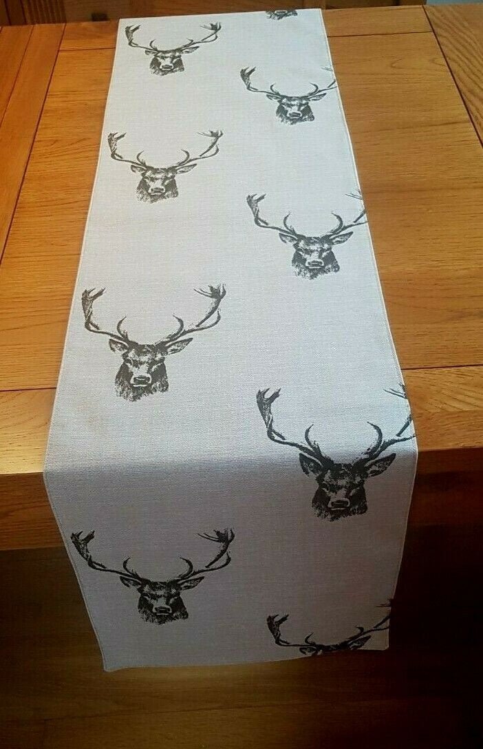 Christmas Table Runner Stags Head Rustic Taupe Background Design 36" 48" 54" 60" 64" 72" 84" 96" 104" Fryetts Handmade 100% Cotton - CushionCoverAndDecor