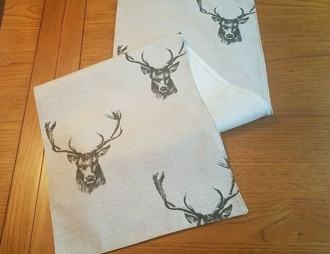 Christmas Table Runner Stags Head Rustic Taupe Background Design 36" 48" 54" 60" 64" 72" 84" 96" 104" Fryetts Handmade 100% Cotton - CushionCoverAndDecor