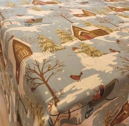 Christmas Tablecloth , Blue Robin Christmas Tablecloth , Santa Sleigh Tablecloth , Cotton Tablecloth - CushionCoverAndDecor