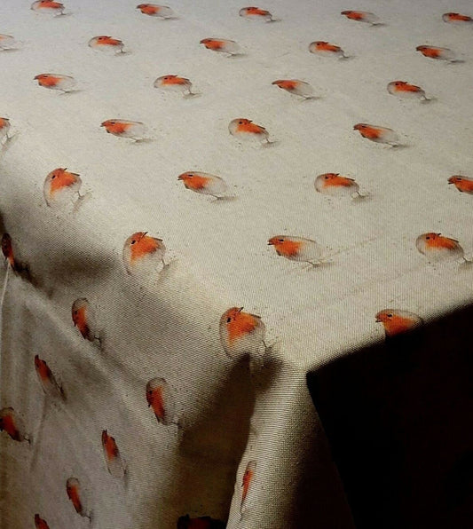 Christmas Tablecloth Linen Red Beige Robin Bird Design 100% Cotton Handmade - CushionCoverAndDecor