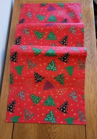 Christmas Tree Table Runner , Red Christmas Table Runner 36" 48" 54" 60" 64" 72" 84" 96" 104" - CushionCoverAndDecor