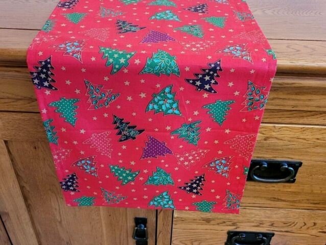 Christmas Tree Table Runner , Red Christmas Table Runner 36" 48" 54" 60" 64" 72" 84" 96" 104" - CushionCoverAndDecor