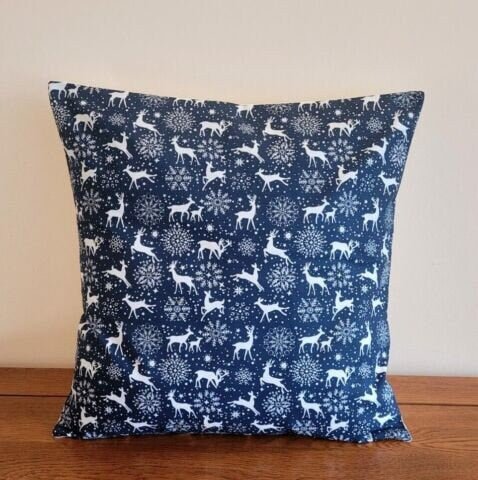 Christmas Woodland Cushion Cover , Reindeer Cushion Cover , Blue Snowflake Cushion Cover 10" 12" 14" 16" 17" 18" 20" 22" 24" 26" - CushionCoverAndDecor