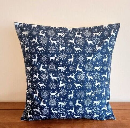 Christmas Woodland Cushion Cover , Reindeer Cushion Cover , Blue Snowflake Cushion Cover 10" 12" 14" 16" 17" 18" 20" 22" 24" 26" - CushionCoverAndDecor