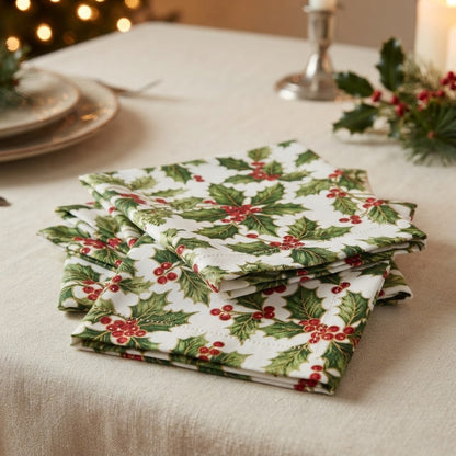 Christmas Holly Tablecloth – Cream & Green Festive Table Linen