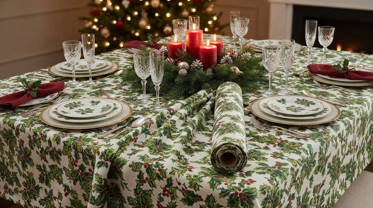 Christmas Holly Tablecloth – Cream & Green Festive Table Linen
