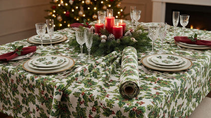 Christmas Holly Tablecloth – Cream & Green Festive Table Linen