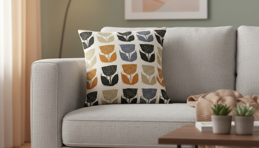 Retro Tulip Pattern Cushion Cover Poppy Pod Saffron Yellow