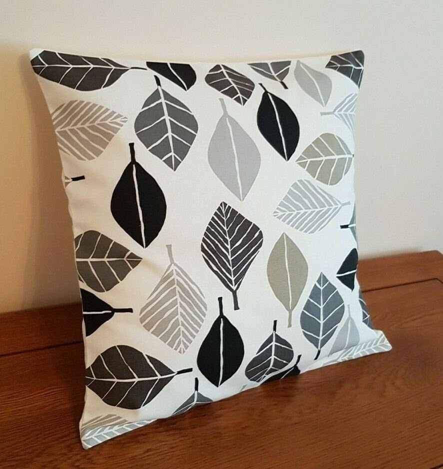 Cushion Cover 10" 12" 14" 16" 17" 18" 20" 22" 24" 26" Fall Leaf Graphite Black White Grey Design 100% Cotton Handmade - CushionCoverAndDecor