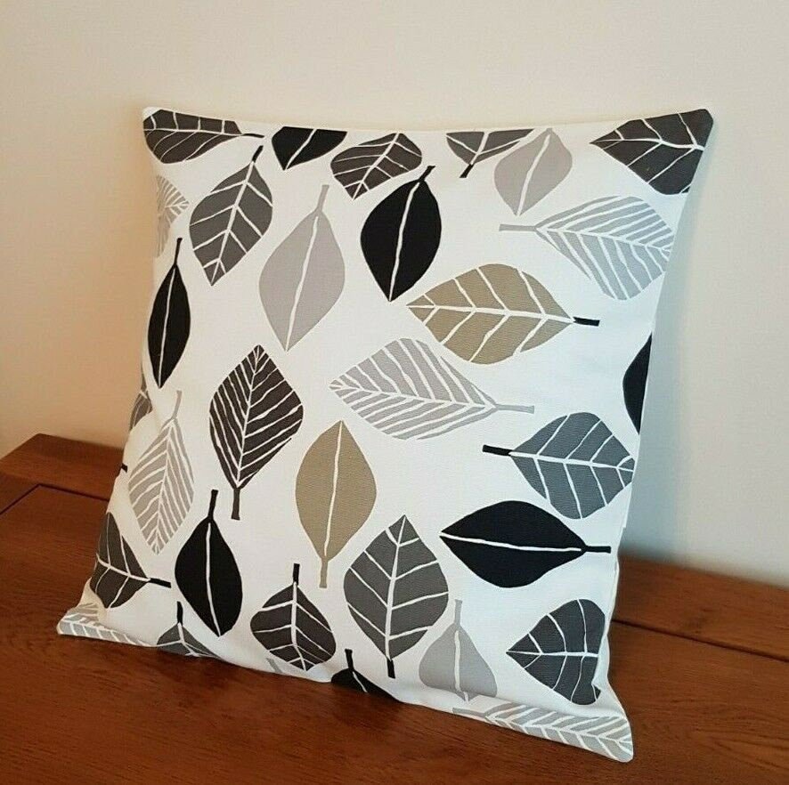 Cushion Cover 10" 12" 14" 16" 17" 18" 20" 22" 24" 26" Fall Leaf Graphite Black White Grey Design 100% Cotton Handmade - CushionCoverAndDecor