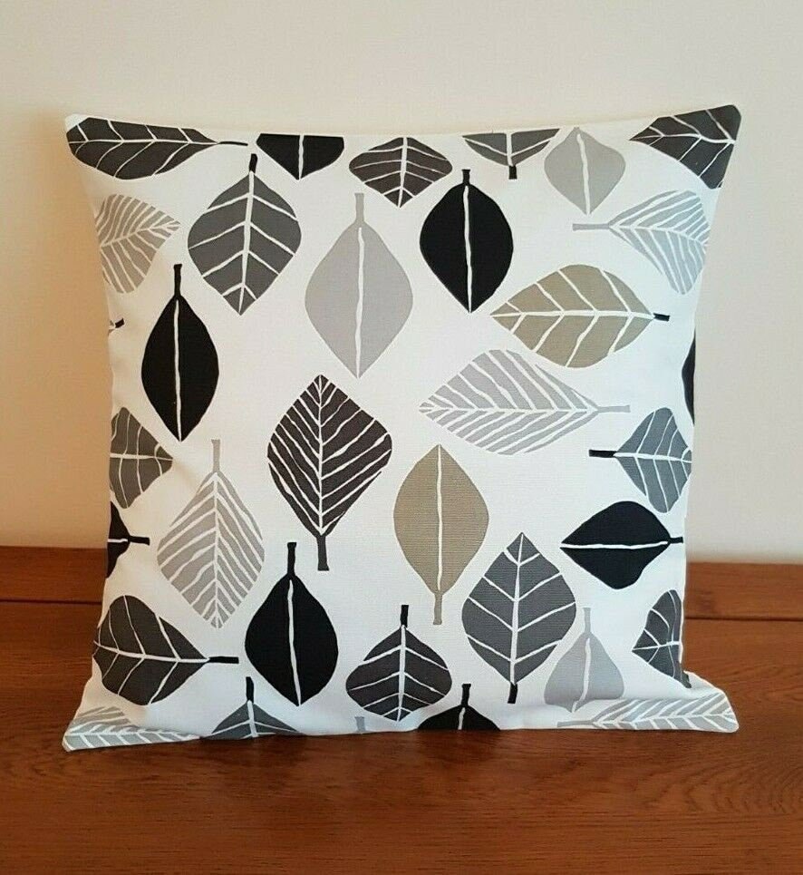 Cushion Cover 10" 12" 14" 16" 17" 18" 20" 22" 24" 26" Fall Leaf Graphite Black White Grey Design 100% Cotton Handmade - CushionCoverAndDecor