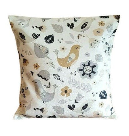 Cushion Cover 10" 12" 14" 16" 17" 18" 20" 22" 24" 26" Fryetts Dalarna Natural Black Bird Floral Design Handmade 100% Cotton - CushionCoverAndDecor