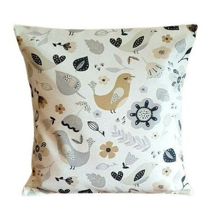 Cushion Cover 10" 12" 14" 16" 17" 18" 20" 22" 24" 26" Fryetts Dalarna Natural Black Bird Floral Design Handmade 100% Cotton - CushionCoverAndDecor