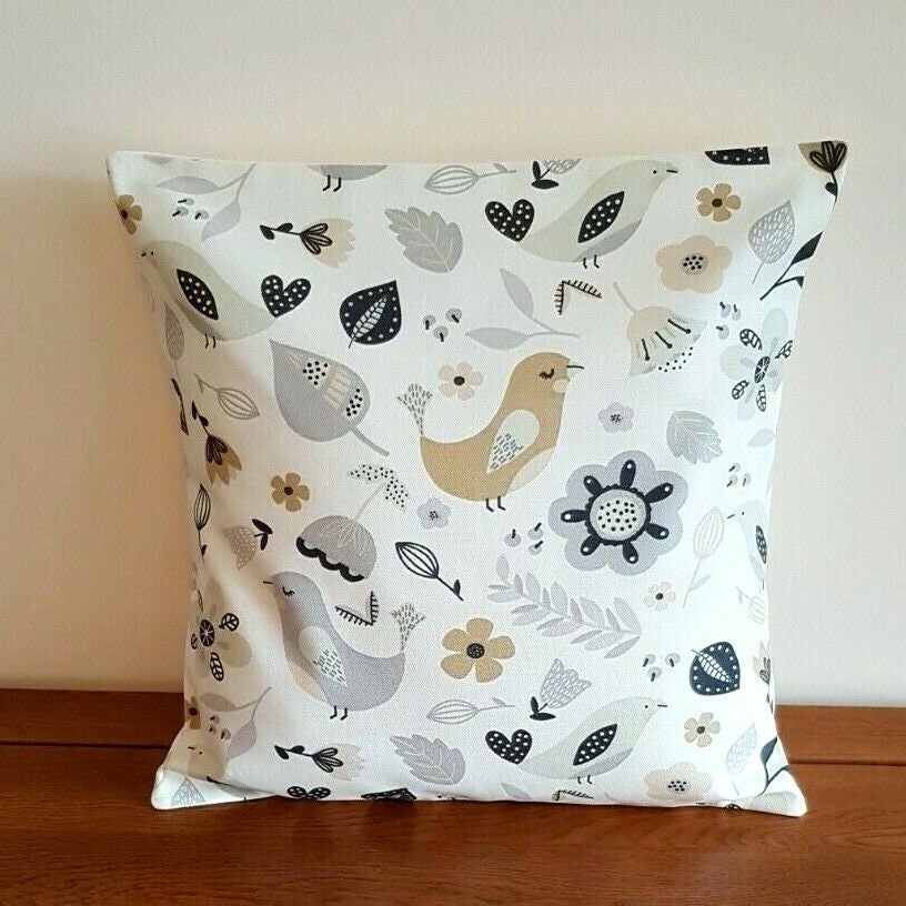 Cushion Cover 10" 12" 14" 16" 17" 18" 20" 22" 24" 26" Fryetts Dalarna Natural Black Bird Floral Design Handmade 100% Cotton - CushionCoverAndDecor