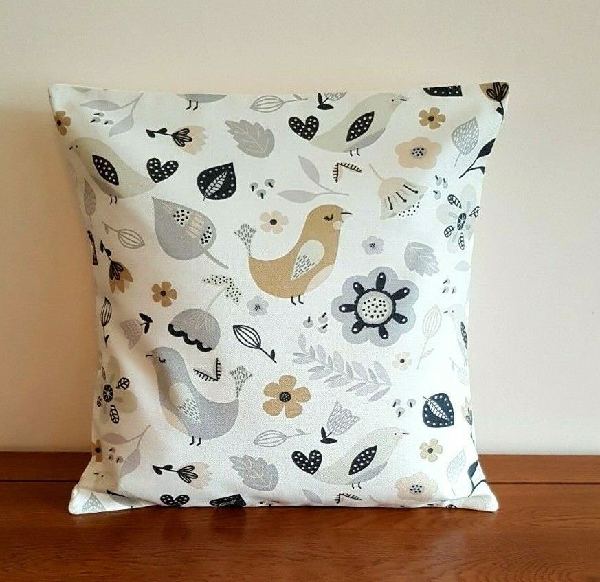 Cushion Cover 10" 12" 14" 16" 17" 18" 20" 22" 24" 26" Fryetts Dalarna Natural Black Bird Floral Design Handmade 100% Cotton - CushionCoverAndDecor