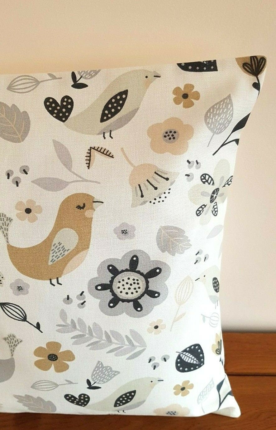 Cushion Cover 10" 12" 14" 16" 17" 18" 20" 22" 24" 26" Fryetts Dalarna Natural Black Bird Floral Design Handmade 100% Cotton - CushionCoverAndDecor