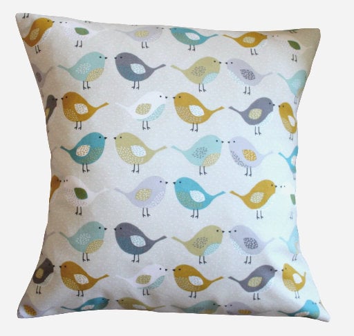 Cushion Cover 10" 12" 14" 16" 17" 18" 20" 22" 24" 26" Fryetts Ochre Blue Grey Bird Design 100% Cotton Handmade - CushionCoverAndDecor