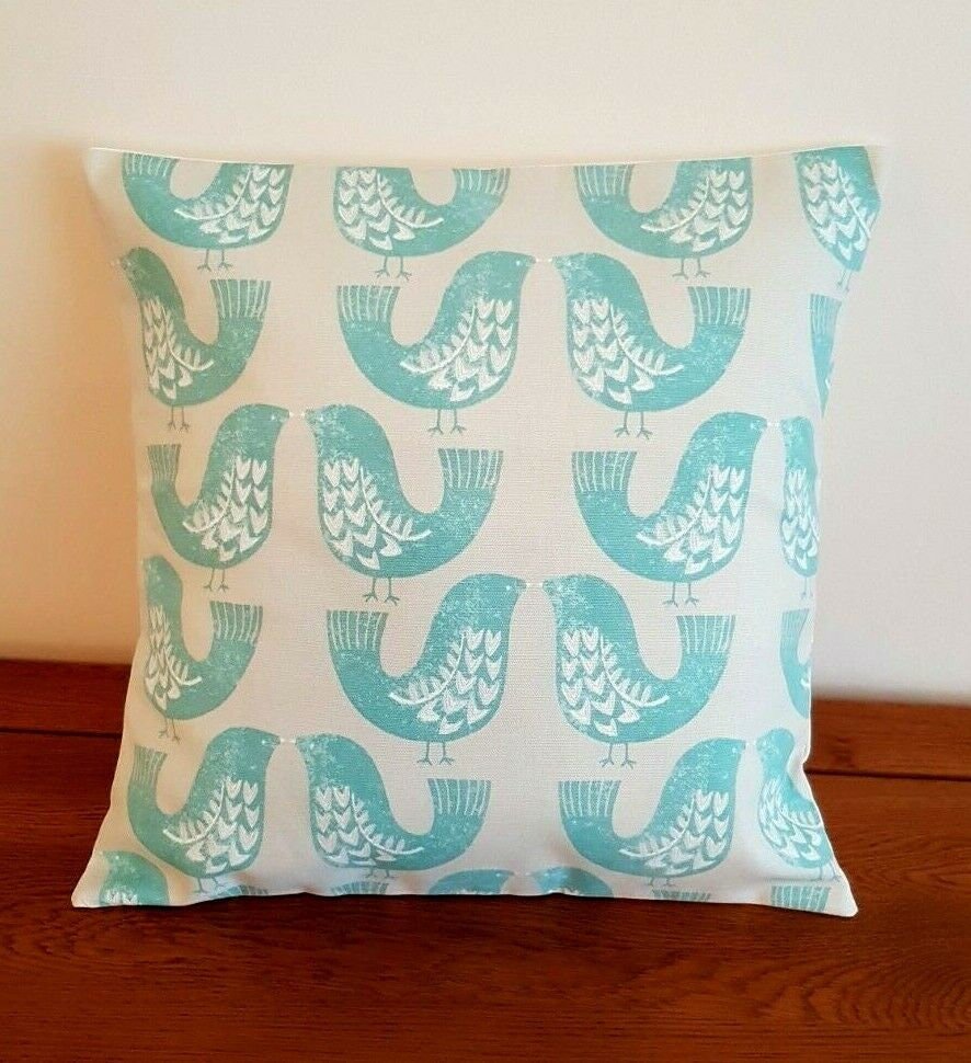 Cushion Cover 10" 12" 14" 16" 17" 18" 20" 22" 24" 26" ILiv Aqua Scandi Bird Design 100% Cotton Handmade - CushionCoverAndDecor