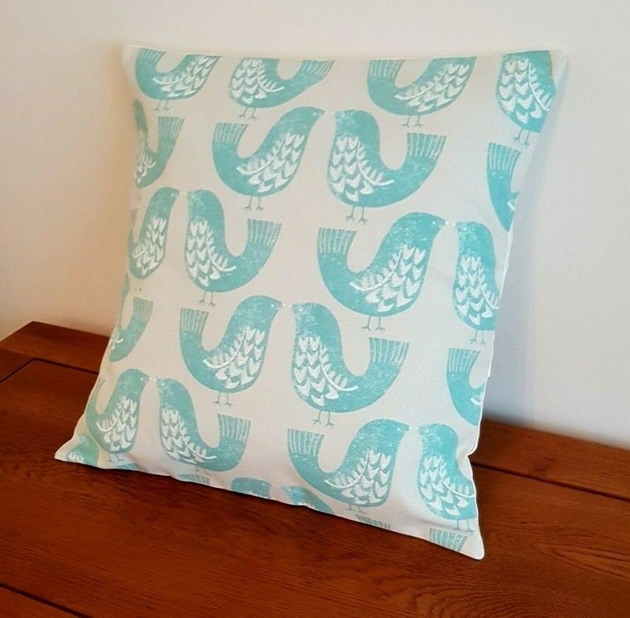 Cushion Cover 10" 12" 14" 16" 17" 18" 20" 22" 24" 26" ILiv Aqua Scandi Bird Design 100% Cotton Handmade - CushionCoverAndDecor