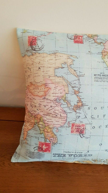 Cushion Cover 10" 12" 14" 16" 17" 18" 20" 22" 24" 26" Linen Blue Atlas World Globe Map Design Handmade - CushionCoverAndDecor