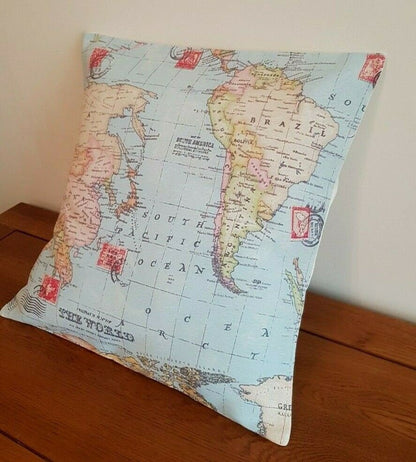 Cushion Cover 10" 12" 14" 16" 17" 18" 20" 22" 24" 26" Linen Blue Atlas World Globe Map Design Handmade - CushionCoverAndDecor