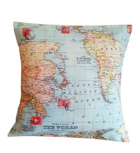 Cushion Cover 10" 12" 14" 16" 17" 18" 20" 22" 24" 26" Linen Blue Atlas World Globe Map Design Handmade - CushionCoverAndDecor