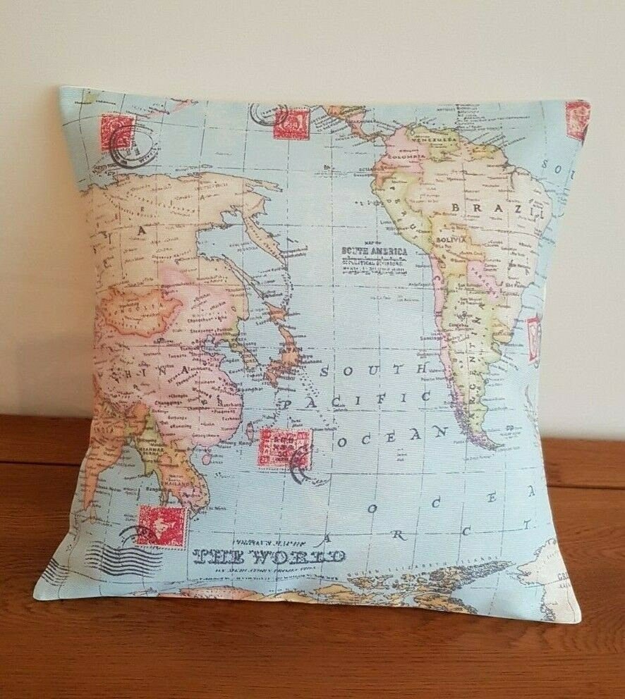 Cushion Cover 10" 12" 14" 16" 17" 18" 20" 22" 24" 26" Linen Blue Atlas World Globe Map Design Handmade - CushionCoverAndDecor