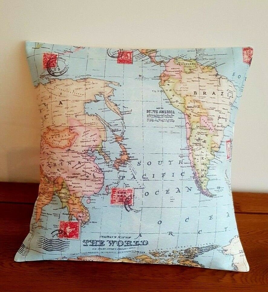 Cushion Cover 10" 12" 14" 16" 17" 18" 20" 22" 24" 26" Linen Blue Atlas World Globe Map Design Handmade - CushionCoverAndDecor