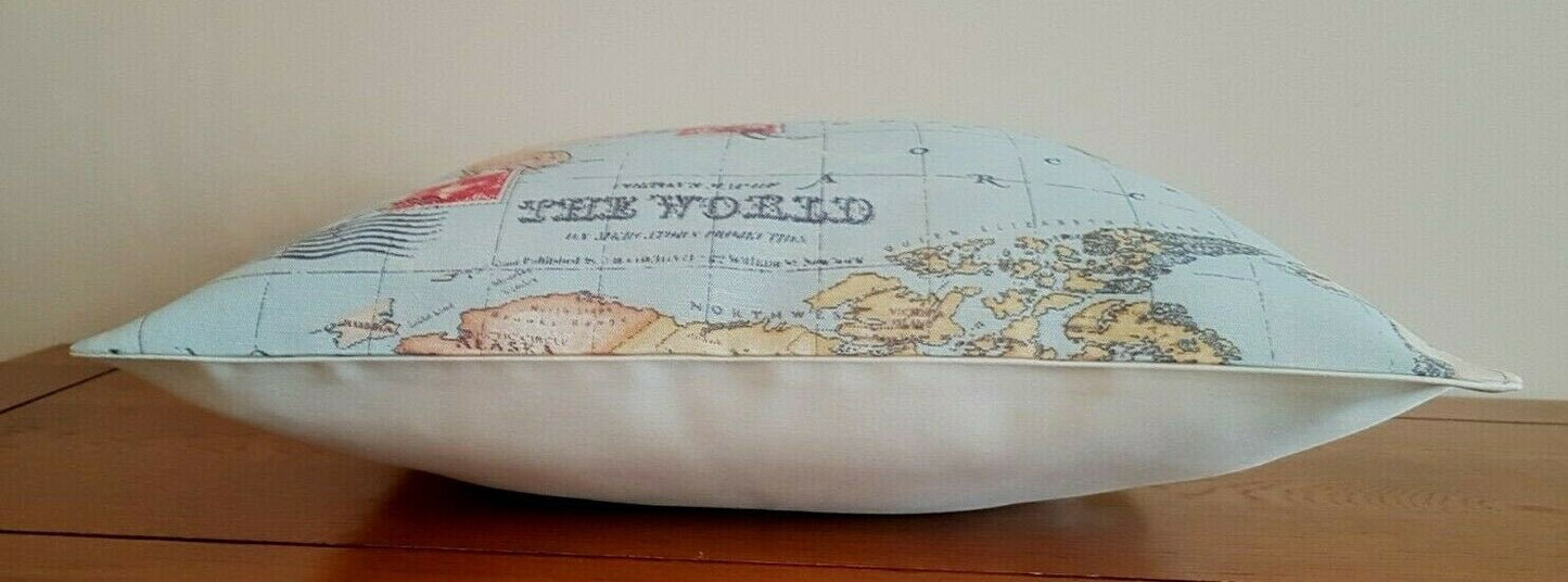 Cushion Cover 10" 12" 14" 16" 17" 18" 20" 22" 24" 26" Linen Blue Atlas World Globe Map Design Handmade - CushionCoverAndDecor