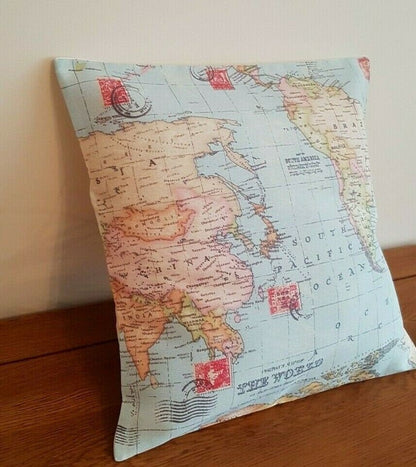 Cushion Cover 10" 12" 14" 16" 17" 18" 20" 22" 24" 26" Linen Blue Atlas World Globe Map Design Handmade - CushionCoverAndDecor