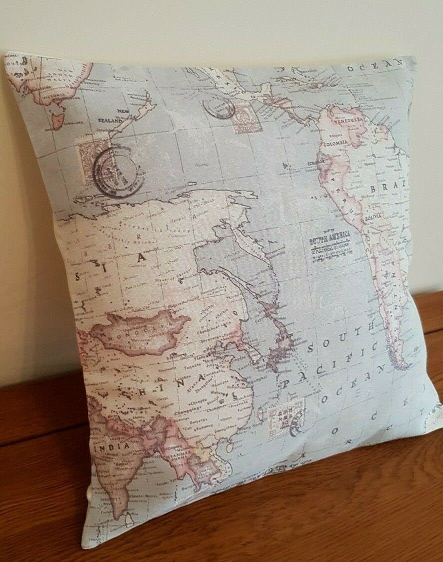 Cushion Cover 10" 12" 14" 16" 17" 18" 20" 22" 24" 26" Linen Grey Atlas World Globe Map Design Handmade - CushionCoverAndDecor