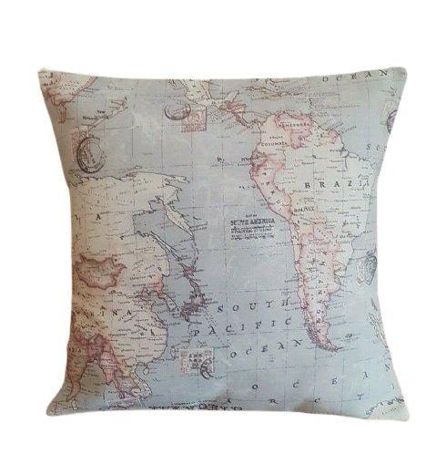 Cushion Cover 10" 12" 14" 16" 17" 18" 20" 22" 24" 26" Linen Grey Atlas World Globe Map Design Handmade - CushionCoverAndDecor