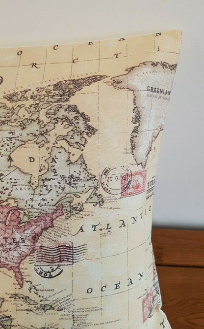 Cushion Cover 10" 12" 14" 16" 17" 18" 20" 22" 24" 26" Linen Sand Atlas World Globe Map Design Handmade - CushionCoverAndDecor