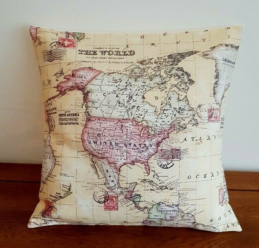 Cushion Cover 10" 12" 14" 16" 17" 18" 20" 22" 24" 26" Linen Sand Atlas World Globe Map Design Handmade - CushionCoverAndDecor