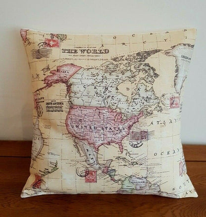 Cushion Cover 10" 12" 14" 16" 17" 18" 20" 22" 24" 26" Linen Sand Atlas World Globe Map Design Handmade - CushionCoverAndDecor