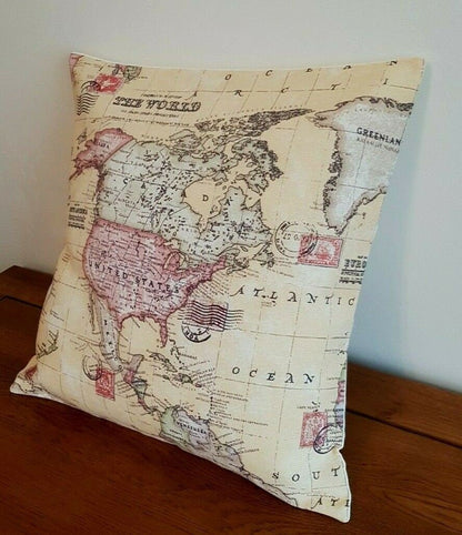 Cushion Cover 10" 12" 14" 16" 17" 18" 20" 22" 24" 26" Linen Sand Atlas World Globe Map Design Handmade - CushionCoverAndDecor